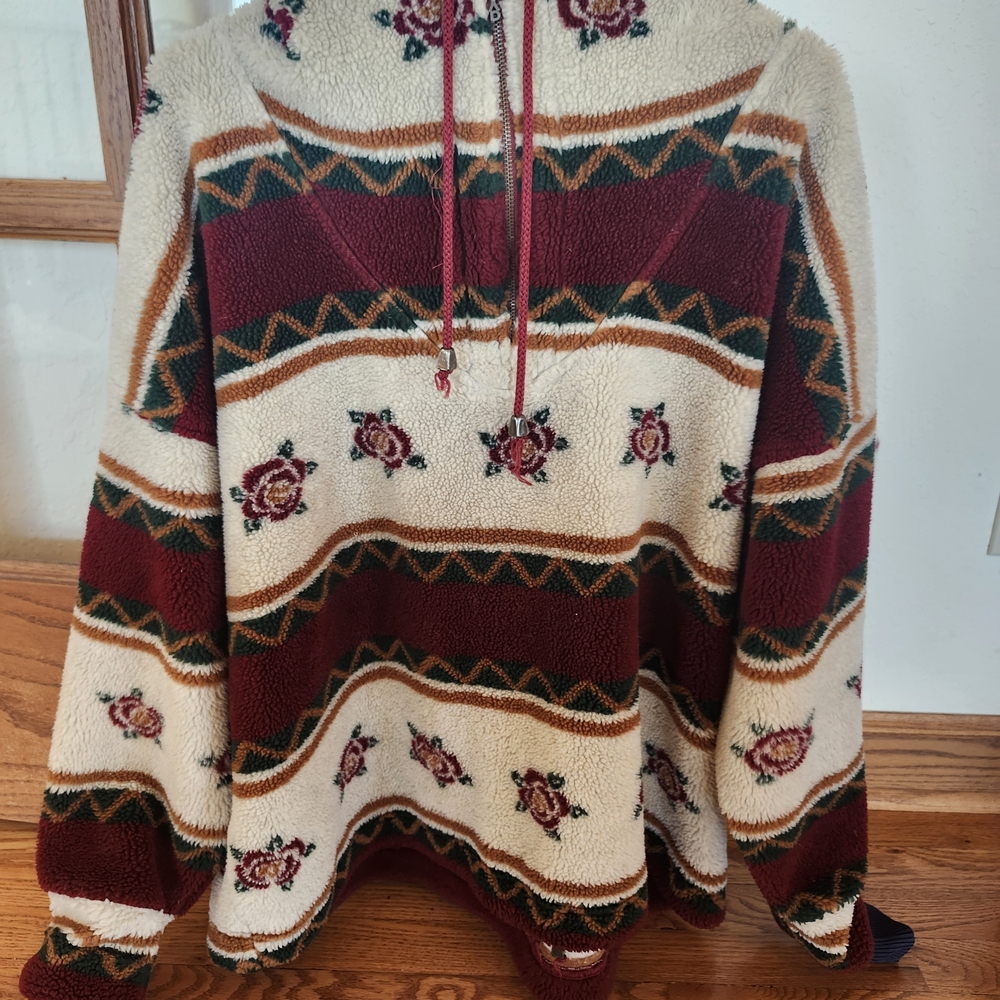 Vintage Sherpa Hoodie Rose Pattern Unisex